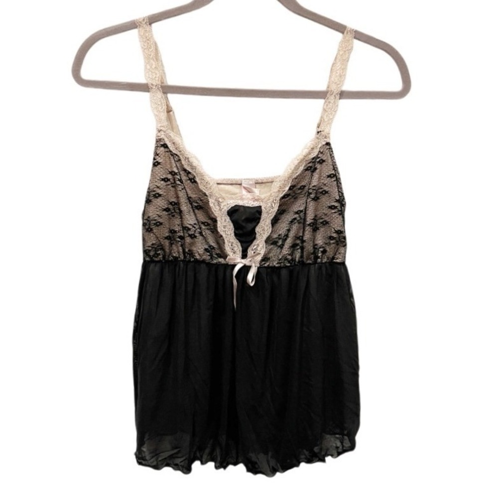 Fredericks of Hollywood Black Lace Sheer Babydoll Camisole Top Size M